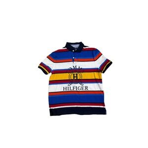 VTG Tommy Hilfiger Men's Polo Logo Seal Spell Out Striped Blue Red Size Large